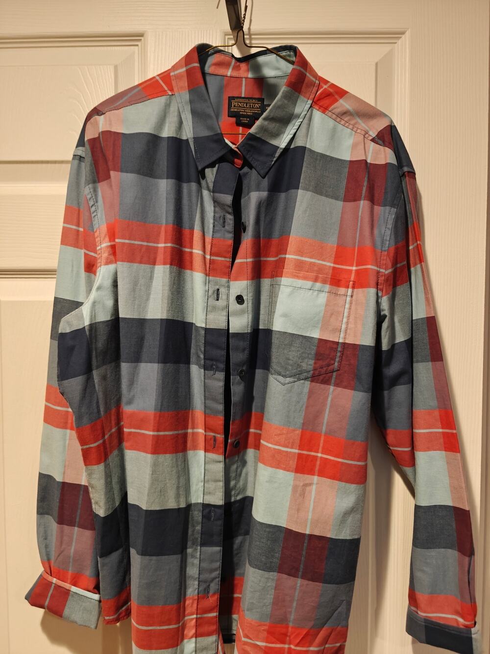 Pendleton Plaid Button Down Shirt Mens XL Orange Blue  Like New